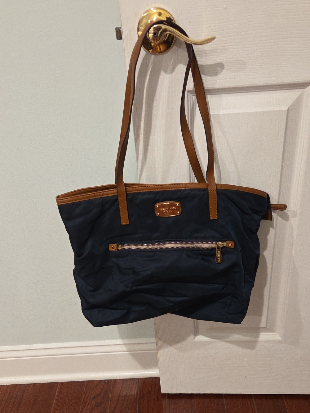 Michael Kors Navy Tote with Tan Leather Trim